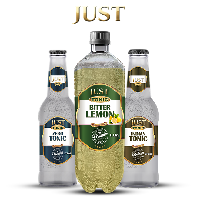 JUST Tonic Bitter Lemon, Indian Tonic, and Ginger Beer premium glass bottles.